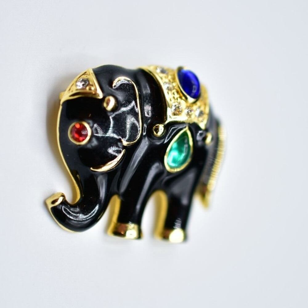 Vintage Elephant Cabochon Pin Brooch Black Enamel Rhinestone Green Enamel Bin4